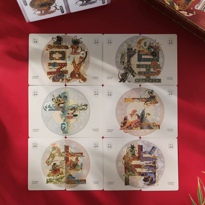 Twelve Chinese Zodiac card backs arranged as six paired scenes