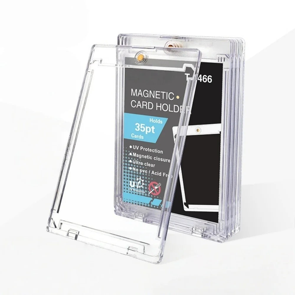 Ten clear 35PT magnetic trading card holders with one case open