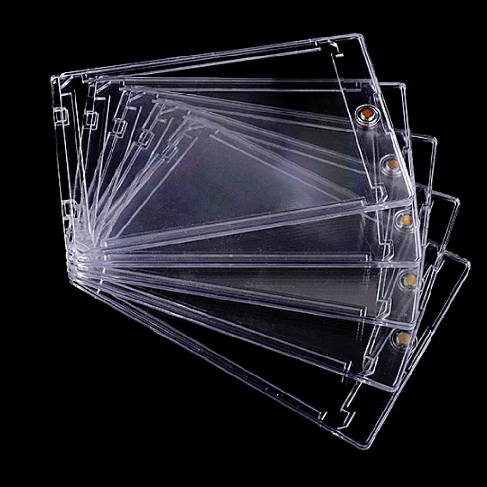 Multiple clear magnetic trading card holders fanned together